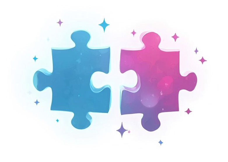 A minimalist yet vibrant logo for a social network called 'Puzzle Social,' featuring two interlocked puzzle pieces on a clean white background. The puzzle pieces are brightly colored in cyan and magenta, symbolizing connection, unity, and healing. The design is sleek and modern, with glowing and shimmering effects around the pieces, creating an inviting and uplifting atmosphere. Small, sparkling stars surround the puzzle pieces, enhancing the magical and captivating feel. The logo conveys a sense of harmony, curiosity, and the idea of bringing people together. Bold, simple, and elegant, it’s designed to draw attention and evoke a sense of wonder.